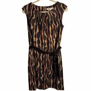 Trina Turk Abstract Print Belted Sheath Dress Size 2 Brown Tan Black Cap Sleeve